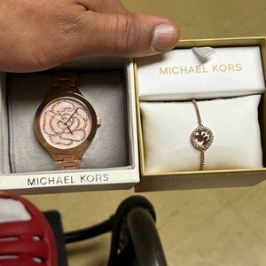 Michael Kors Crystallized Rose Gold Floral Watch and Matching Bracelet bangle.